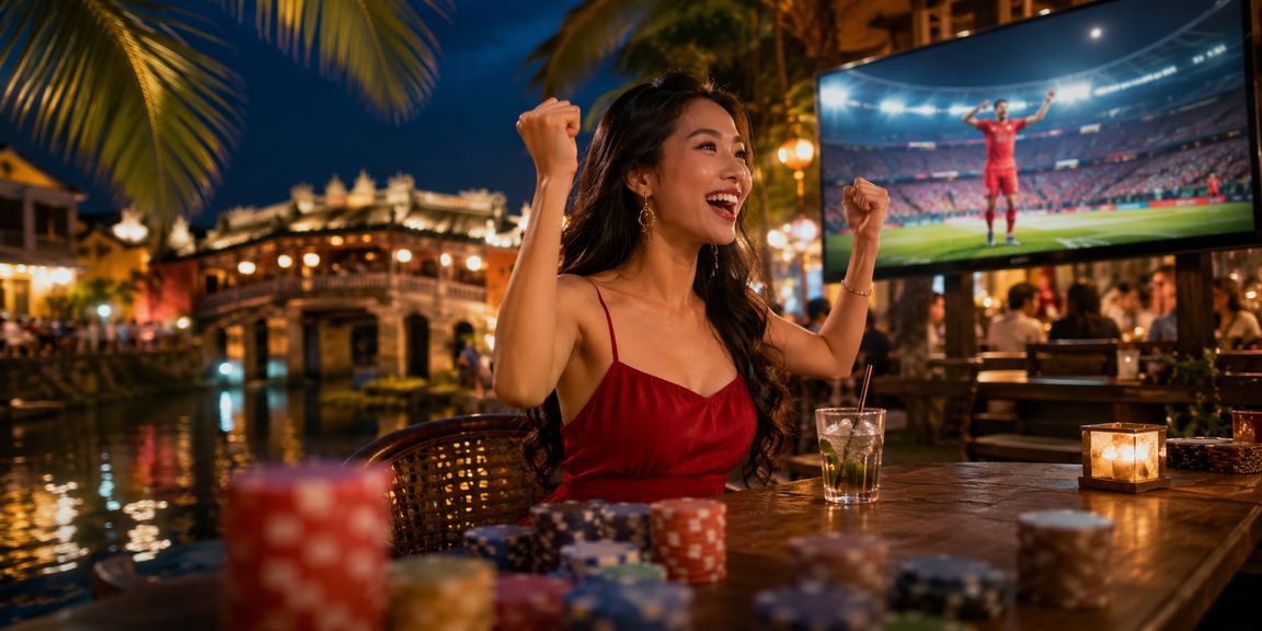 Người dùng xem phân tích kèo bóng đá tại quán cà phê Hội An trên điện thoại